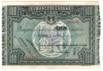 100 pesetas. 1-1937. Con sello morado: HACIENDA GOBIERNO DE EUZKADI EUZKADIKO .... ARITZA. MBC+. Muy escasa.
