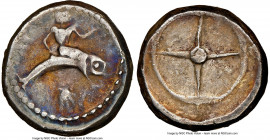 CALABRIA. Tarentum. Ca. 480-450 BC. AR didrachm (19mm, 7.81 gm). NGC VF 4/5 - 3/5. TARAS (partial retrograde), Taras astride dolphin right, left hand ...