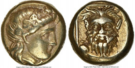 LESBOS. Mytilene. Ca. 377-326 BC. EL sixth stater or hecte (10mm, 2.56 gm, 6h). NGC XF 5/5 - 4/5. Wreathed head of young Dionysus right / Facing head ...