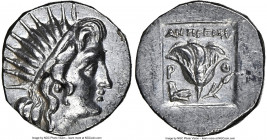 CARIAN ISLANDS. Rhodes. Ca. 188-170 BC. AR drachm (15mm, 12h). NGC XF, brushed. Plinthophoric standard, Antigenes, magistrate. Radiate head of Helios ...