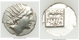 CARIAN ISLANDS. Rhodes. Ca. 88-84 BC. AR drachm (17mm, 2.13 gm, 12h). Choice VF. Plinthophoric standard, Maes, magistrate. Radiate head of Helios righ...
