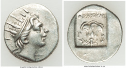 CARIAN ISLANDS. Rhodes. Ca. 88-84 BC. AR drachm (16mm, 2.45 gm, 11h). XF. Plinthophoric standard, Thrasymedes, magistrate. Radiate head of Helios righ...