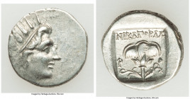 CARIAN ISLANDS. Rhodes. Ca. 88-84 BC. AR drachm (15mm, 2.48 gm, 11h). Choice XF. Plinthophoric standard, Nicagoras, magistrate. Radiate head of Helios...