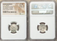 Anonymous. Ca. 211-208 BC. AR victoriatus (17mm, 3.33 gm, 12h). NGC Choice MS 5/5 - 5/5. Laureate head of Jupiter right; dotted border / ROMA, Victory...