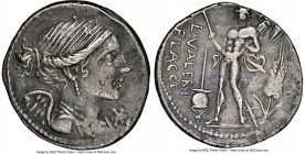 L. Valerius Flaccus (ca. 108-107 BC). AR denarius (19mm, 3h). NGC XF, scratches. Rome. Draped bust of Victory right, wearing pendant earring and neckl...