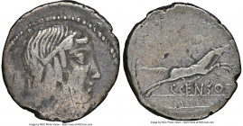 C. Censorinus (ca. 88 BC). AR denarius (18mm, 6h). NGC Fine, scratches. Rome. Laureate head of Apollo right / C CENSOR, horse galloping right; uncerta...