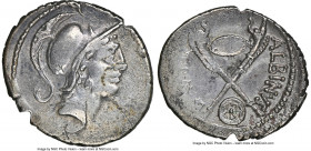 Albinus Bruti f. (ca. 48 BC). AR denarius (20mm, 8h). NGC VF, scratches, flan flaw, edge cuts. Rome. Head of young Mars, with slight beard, wearing cr...