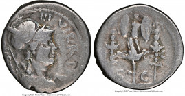 Octavian, as Triumvir and Imperator (43-31 BC). AR denarius (17mm, 9h). NGC Fine, graffito, bankers mark. Military mint in Greece, autumn 42 BC. CAESA...