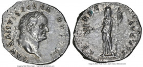 Vespasian (AD 69-79). AR denarius (19mm, 3.29 gm, 6h). NGC AU 4/5 - 2/5. Rome, AD 77-78. CAESAR-VESPASIANVS AVG, laureate head of Vespasian right / CE...