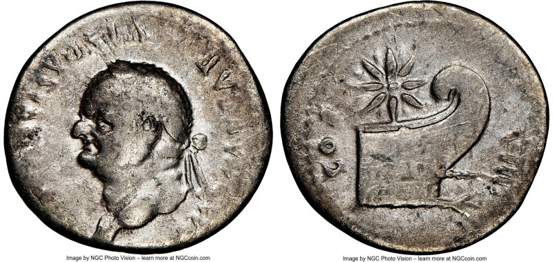 Vespasian (AD 69-79). AR denarius (19mm, 6h). NGC Fine. Rome, AD 77-78. IMP CAES...