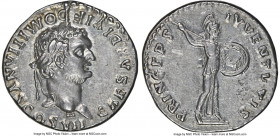 Domitian, as Caesar (AD 81-96). AR denarius (18mm, 3.44 gm, 5h). NGC AU 5/5 - 4/5. Rome, AD 80-81. CAESAR DIVI F DOMITIANVS COS VII, laureate head of ...