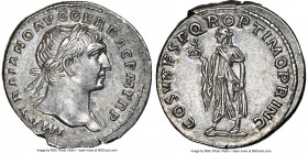 Trajan (AD 98-117). AR denarius (19mm, 3.21 gm, 7h). NGC Choice AU 5/5 - 5/5. Rome, AD 103-111. IMP TRAIANO AVG GER DAC P M TR P, laureate head of Tra...