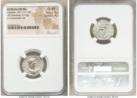 Hadrian (AD 117-138). AR denarius (20mm, 3.16 gm, 7h). NGC Choice XF 5/5 - 4/5. Rome, AD 118. IMP CAESAR TRAIAN HADRIANVS AVG, laureate, heroic nude b...