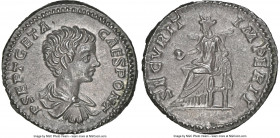 Geta, as Caesar (AD 209-211). AR denarius (18mm, 3.39 gm, 7h). NGC Choice AU 5/5 - 5/5. Rome, AD 200-202. P SEPT GETA-CAES PONT, bare headed, draped a...