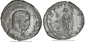 Elagabalus (AD 218-222). AR denarius (19mm, 6h). NGC Choice XF. Rome, AD 221. IMP ANTONINVS-PIVS AVG, laureate, horned, draped bust of Elagabalus righ...