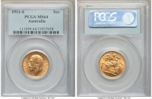 George V gold Sovereign 1911-S MS64 PCGS, Sydney mint, KM29, S-4003. AGW 0.2354 oz. 

HID09801242017

© 2020 Heritage Auctions | All Rights Reserv...
