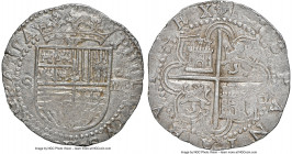 Philip II 4 Reales ND (1556-1598)-S MS64 NGC, Seville mint, Cal-572. 13.74gm. This is variety without the assayer's initial, not the square D noted on...