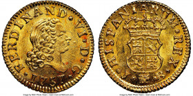 Ferdinand VI gold 1/2 Escudo 1757 M-JB MS64 NGC, Madrid mint, KM378. Full strike, bold portrait, orange-peel toning. 

HID09801242017

© 2020 Heri...