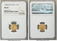 Ferdinand VI gold 1/2 Escudo 1758 M-JB MS64 NGC, Madrid mint, KM378.

HID09801242017

© 2020 Heritage Auctions | All Rights Reserved
