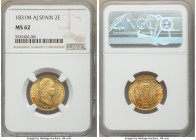 Ferdinand VII gold 2 Escudos 1831 M-AJ MS62 NGC, Madrid mint, KM483.1. Conservatively graded, much more attractive in person, random spots of cherry r...
