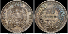 Republic 50 Centesimos 1877-A MS62 NGC, Paris mint, KM16. Light gray toning with multi-colored undertones and a bold strike . A seldom encountered typ...