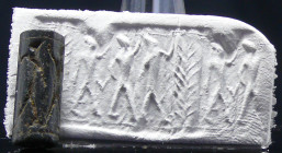 Phénicie - Sceau cylindre en pierre - 600 / 500 av. J.-C.
Sceau cylindre en pierre dont l'empreinte représente des personnages coiffés de la tiare ég...
