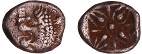 Ionie - Milet - Obole au lion (550 av. J.-C.)
A/ Anépigraphe. Tête de lion à gauche, la gueule ouverte, la langue pendante. 
R/ Anépigraphe. Etoile ...