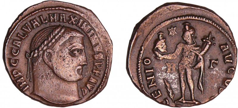 Galère Maximien - Follis (Alexandrie)
A/ IMP C GAL VAL MAXIMIANVS P F AVG Buste...
