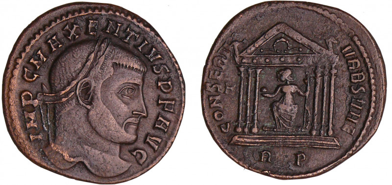 Maxence - Follis (306-312, Cirica) - Temple 
A/ IMP C MAXENTIVS P F AVG Buste l...