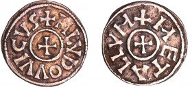 Louis 1er Le Pieux (814-840) - Obole (Melle)
A/ + HLVDOVVICVS Croix.
R/ + METALLVM Croix.
TTB+
Nou.34-Dep.611
Ar ; 0.81 gr ; 15 mm