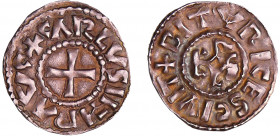 Charles II Le Chauve (840-877) - Denier (Bourges)
A/ + CARLVS IMP AVG Croix.
R/ + BITVRICES CIVIT Monogramme Carolin.
TTB+
Nou.238-Dep.198-Prou.74...