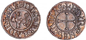 Eudes (887-898) - Denier (Tours)
A/ +MISERICORDIA DH Monogramme d'Eudes.
R/ +HTVRONES CIVITAS Croix.
SUP
Nou.50i-dep.1043-Prou.461-469
Ar ; 1.54 ...