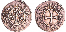 Raoul (923-936) - Denier (Chartres)
A/ + GRATIA D-I REX Monogramme.
R/ + CARTIS CIVITAS Croix.
SUP
Nou.9-Prou.-
Ar ; 1.27 gr ; 20 mm
