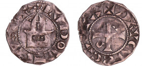 Louis VI (1108-1137) - Denier de Dreux - 1er type
A/ + LVDOVICVS REX. Eglise. 
R/ + DRVCAS CASTA Croix cantonnée d'un Omega aux 1er et 4ème cantons....