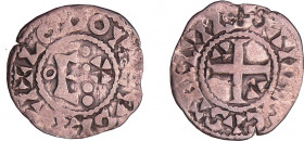 Louis VI (1108-1137) - Denier d'Etampes - 3ème type
A/ + LODOVICVS REX I. Grand E accosté à gauche d'un annelet, à droite de quatre besants posés en ...