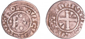 Louis VI (1108-1137) - Denier d'Etampes - 5ème type
A/ + LODOVICVS REX I. Grand E accosté à gauche d'un annelet, à droite de deux besants posés en pa...