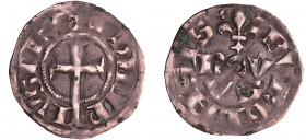 Philippe IV (1285-1314) - Bourgeois simple
A/ PHILIPPVS REX. Croix latine coupant la légende en bas. 
R/ BVGENSIS dans le champ NOV VS sous un lis. ...
