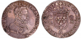 Henri II (1547-1559) - Teston à la tête nue - 1er type - 1557 G (Poitiers)
A/ + HENRICVS. II. D. G. FRANCOR. REX. Buste nu à droite. 
R/ + XPS. VINC...