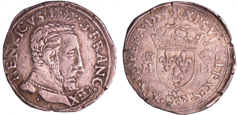 Henri II (1547-1559) - Teston au buste nu - 5ème type - 1554 M (Toulouse)
A/ + ...