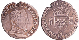 Henri II (1547-1559) - Teston au buste nu - 5ème type - 1557 M (Toulouse)
A/ H[ENR]ICVS. II. D. G. FRANCO. REX. Buste nu à droite. 
R/ XPS. VINCIT. ...