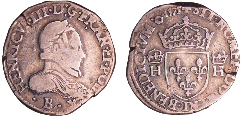 Henri III (1574-1589) - Teston - 4ème type - 1575 B (Rouen)
A/ HENRICVS. III. D...