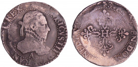 Henri III (1574-1589) - Demi-franc au col plat - 1576 A (Paris)
A/ + [HE]NRICVS. III. D. G. FRAN. [ET. P]OL. REX Buste lauré et cuirassé à droite, au...