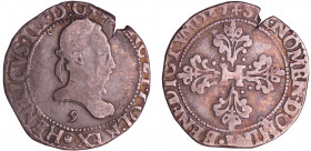 Henri III (1574-1589) - Demi-franc au col plat - 1587 9 (Rennes)
A/ + HENRICVS. III. D. G. F[RA]NC. ET. POL. REX (croissant) Buste lauré et cuirassé ...
