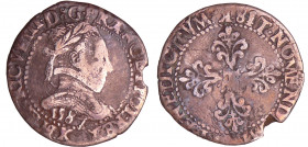 Henri III (1574-1589) - Demi-franc au col plat - 1587 K (Bordeaux)
A/ HENRICVS. III. D (2C)G. FRANC. ET. POL. REX. Buste lauré et cuirassé à droite, ...