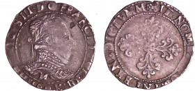 Henri III (1574-1589) - Demi-franc au col plat - 1590 M (Toulouse)
A/ + HENRICVS. III. D. G. FRANC. ET. POL. REX 1590. Buste au col plat, lauré et cu...