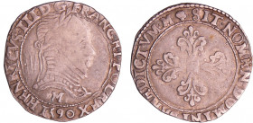 Henri III (1574-1589) - Ligue - Demi-franc au col plat - 1590 M (Toulouse).
A/ .HENRICVS. III. D. G. FRAN. ET. POL. REX. Buste lauré et cuirassé à dr...