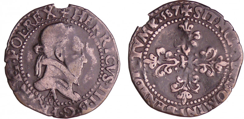 Henri III (1574-1589) - Quart de franc au col plat - 1587 A (Paris)
A/. HENRICV...