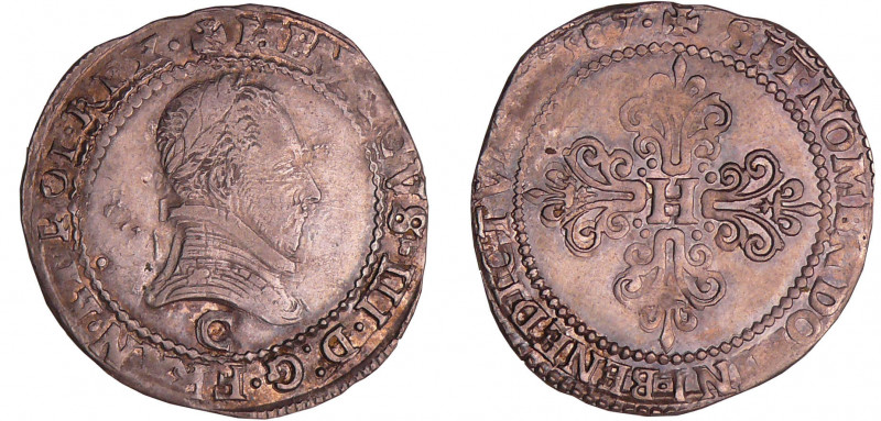 Henri III (1574-1589) - Quart de franc au col plat - 1587 C (Saint-Lô)
A/. HENR...