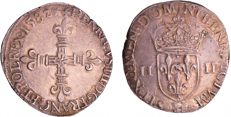 Henri III (1574-1589) - Quart d'écu - 1582 H (La Rochelle)
A/ + HENRICVS. III. ...