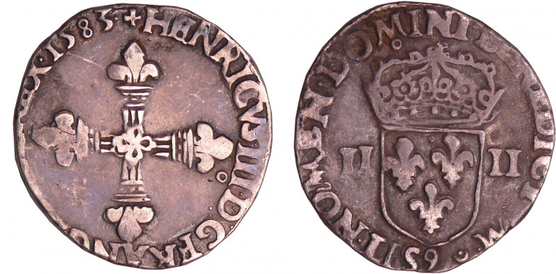 Henri III (1574-1589) - Quart d'écu - 1583 9 (Rennes)
A/ + HENRICVS. III. D. G ...